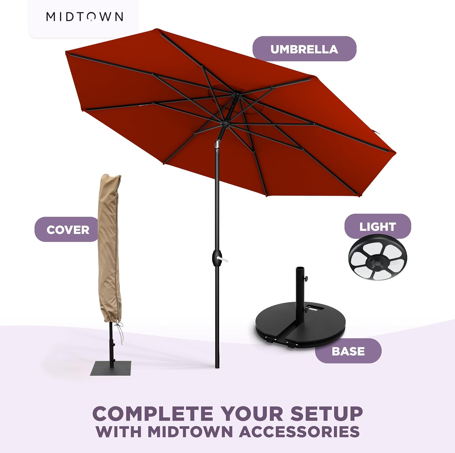 Midtown Umbrellas - 10-Year-No-Fade 9 Ft Patio Umbrella with Terylast Fabric, Auto-Tilt Aluminum Frame and 8 Reinforced Ribs for Deck, Pool, Garden & Beach - Apple Red Canopy, Black Pole