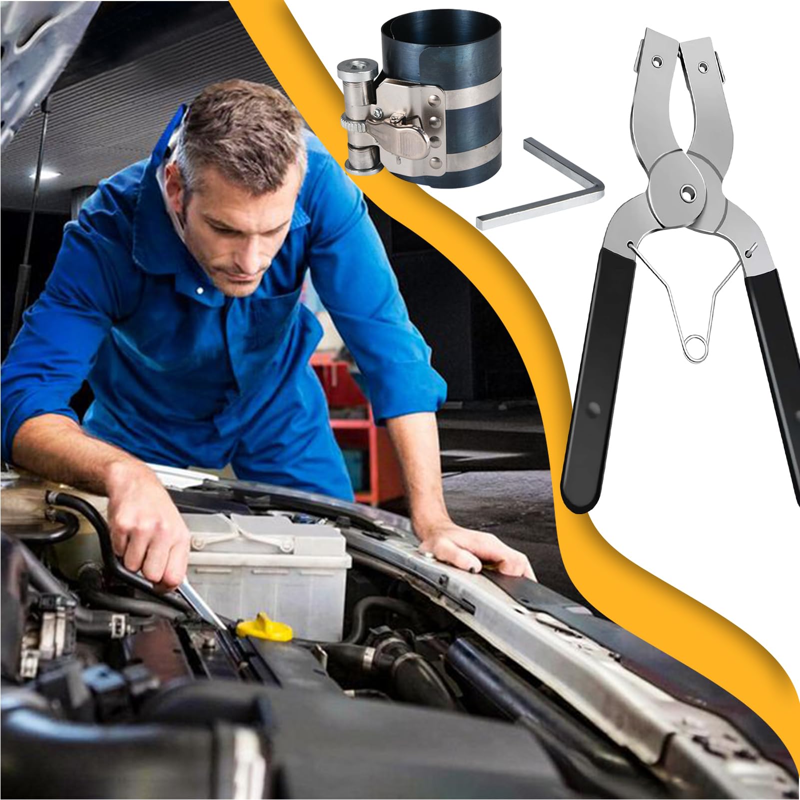 Compresor de Aros de Pistón - Herramienta de Acero para Motores de Coche - Equipo de Mantenimiento Ajustable con Alicates para Turismos y Autocaravanas