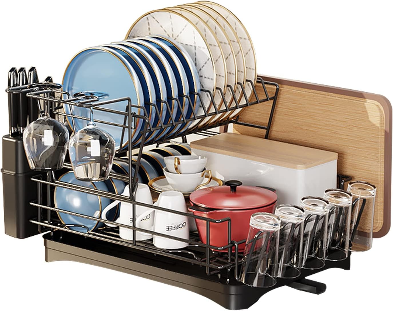 Cutlery Drying Rack and Drainer Set, 2Tier Cutlery Rack