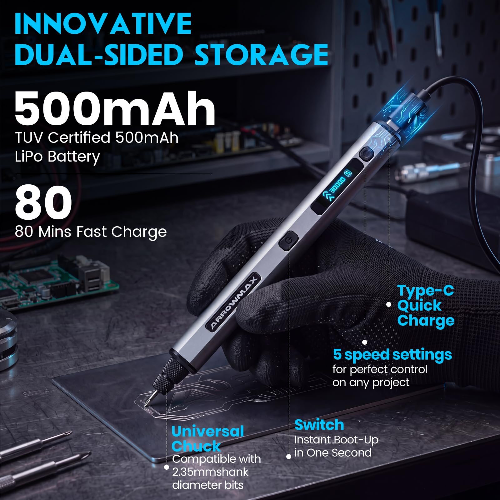 ARROWMAX Mini utensili multifunzione a 5 marce, con OLED, 30000 giri/min | Penna per incisione con 30 punte per metallo, legno, vetro, plastica, set per incisione, regalo fai da te per adolescenti