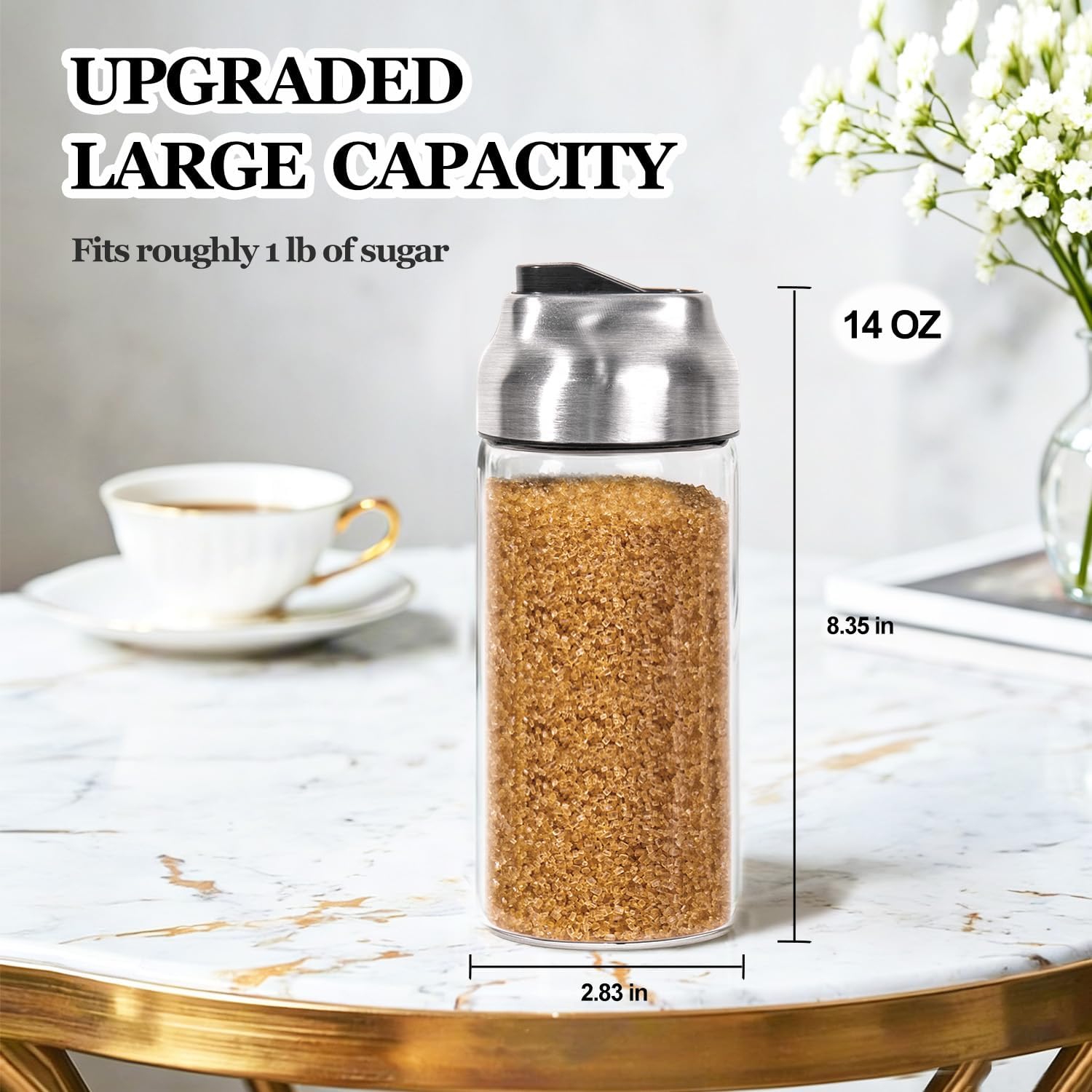 Large Sugar Dispenser Shaker Sets, 14 OZ Glass Sugar Container with Pour Spout for Coffee, Tea, Milk, 2 Pack
