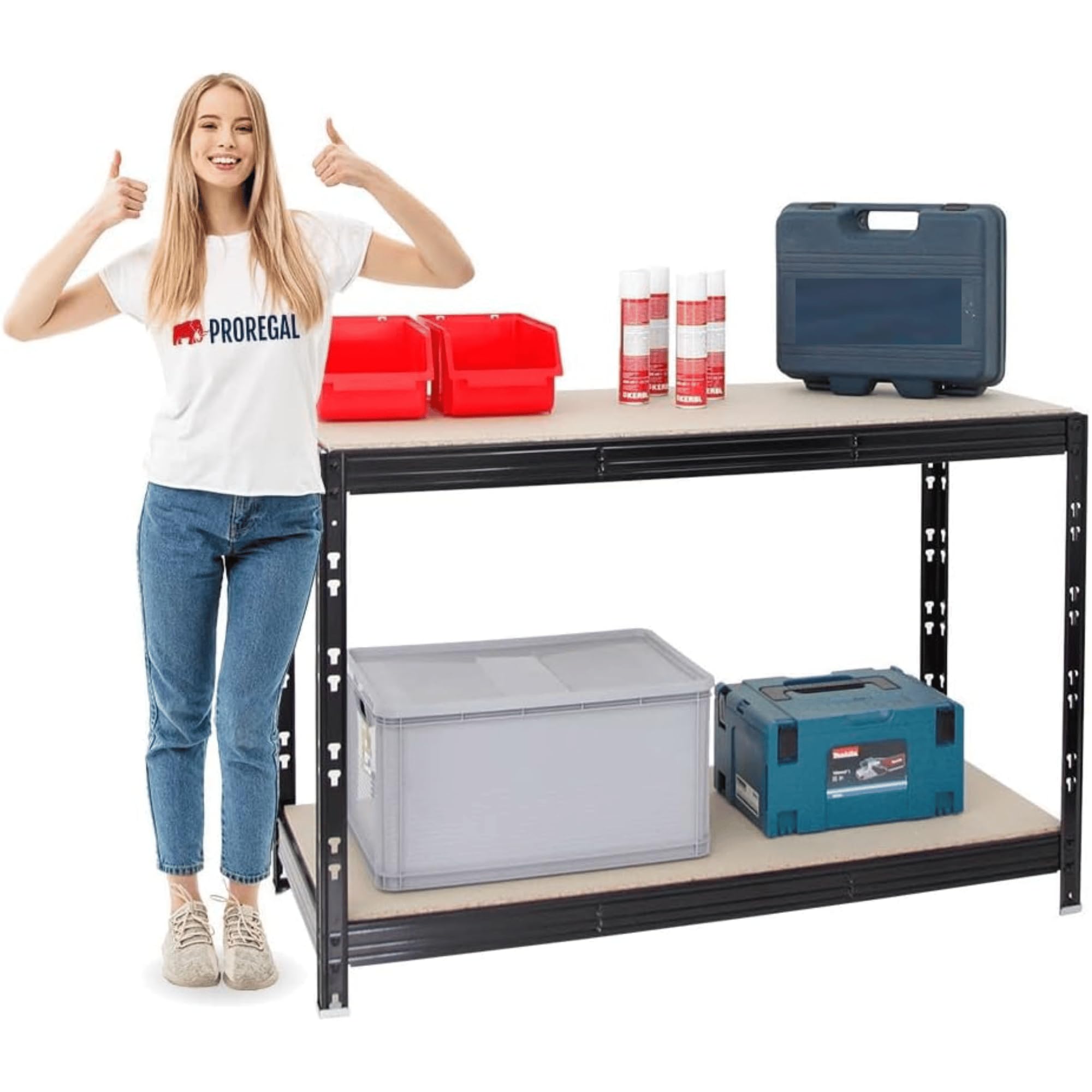 PROREGAL Etabli Tiger réglable en Hauteur | HxLxP 90x140x60cm | Capacité de Charge 600 kg | Noir | Etabli d’Atelier, Table de Travail, Bricolage, logistique