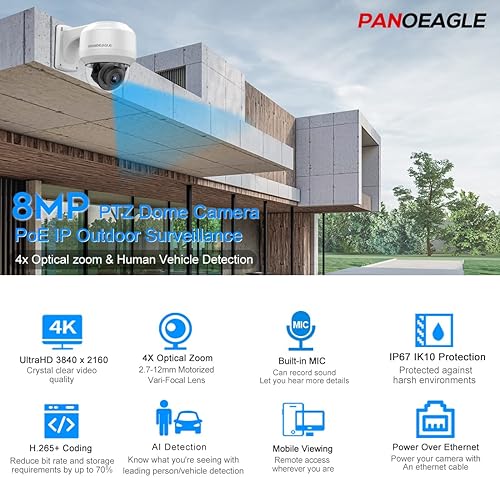 Miniatura 2 de PANOEAGLE Cámara IP PoE de 8 MP PTZ para exteriores con inclinación panorámica 4X zoom óptico 16x micrófono integrado visión nocturna IR de 164 pies