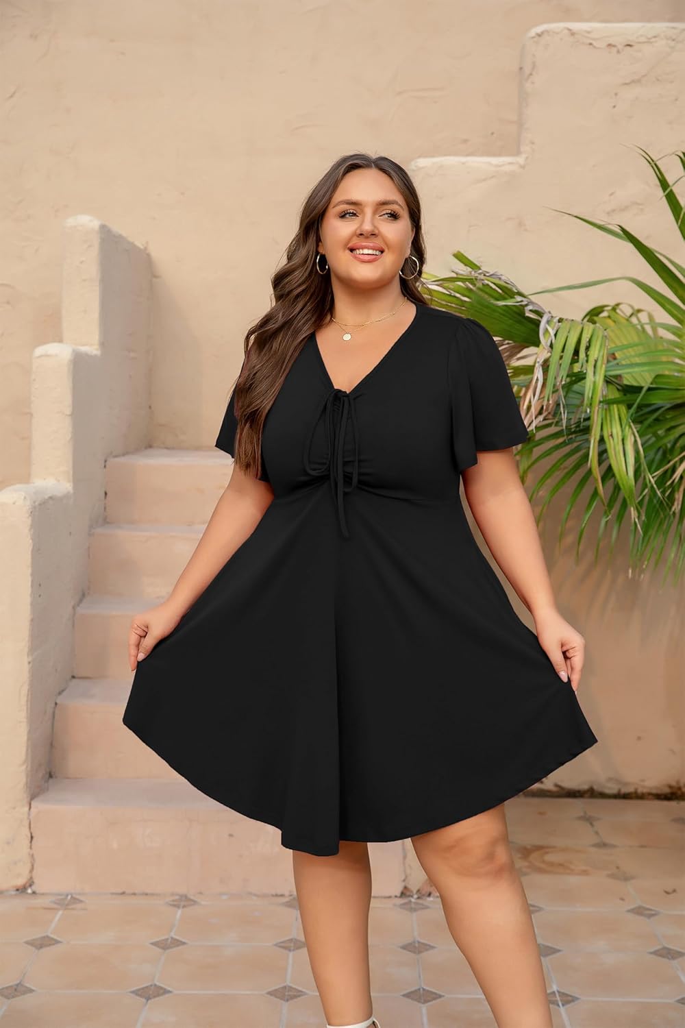 Women's Plus Size Dresses Casual Flowy Dress with Pocket Short Ruffle Sleeve V Neck Drawstring Bow Summer - Image 4