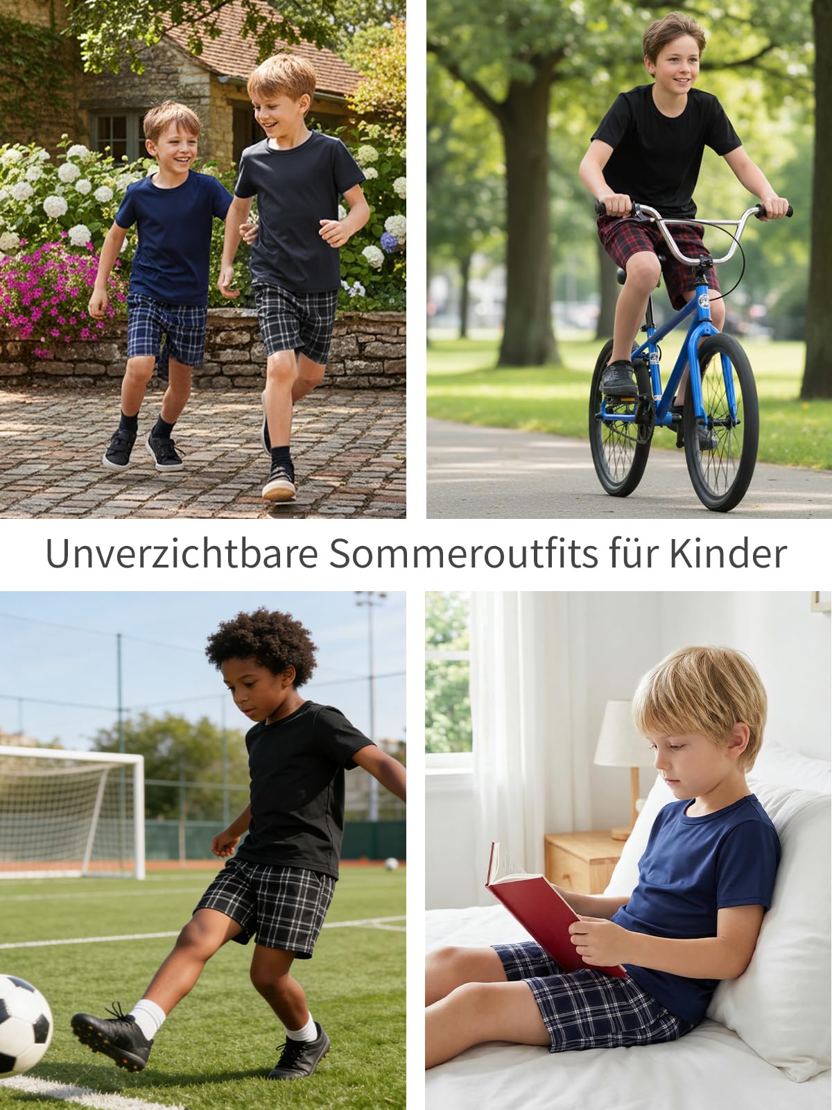 Schlafanzug Jungen Kurz Zweiteiliger Kurzer Schlafanzug Kinder mit 2 Taschen Weich Pyjama Runder Halsausschnitt T-Shirt und Karierte Kurze Hose Sommeroutfits 134-176 für Freizeit Sport Zuhause