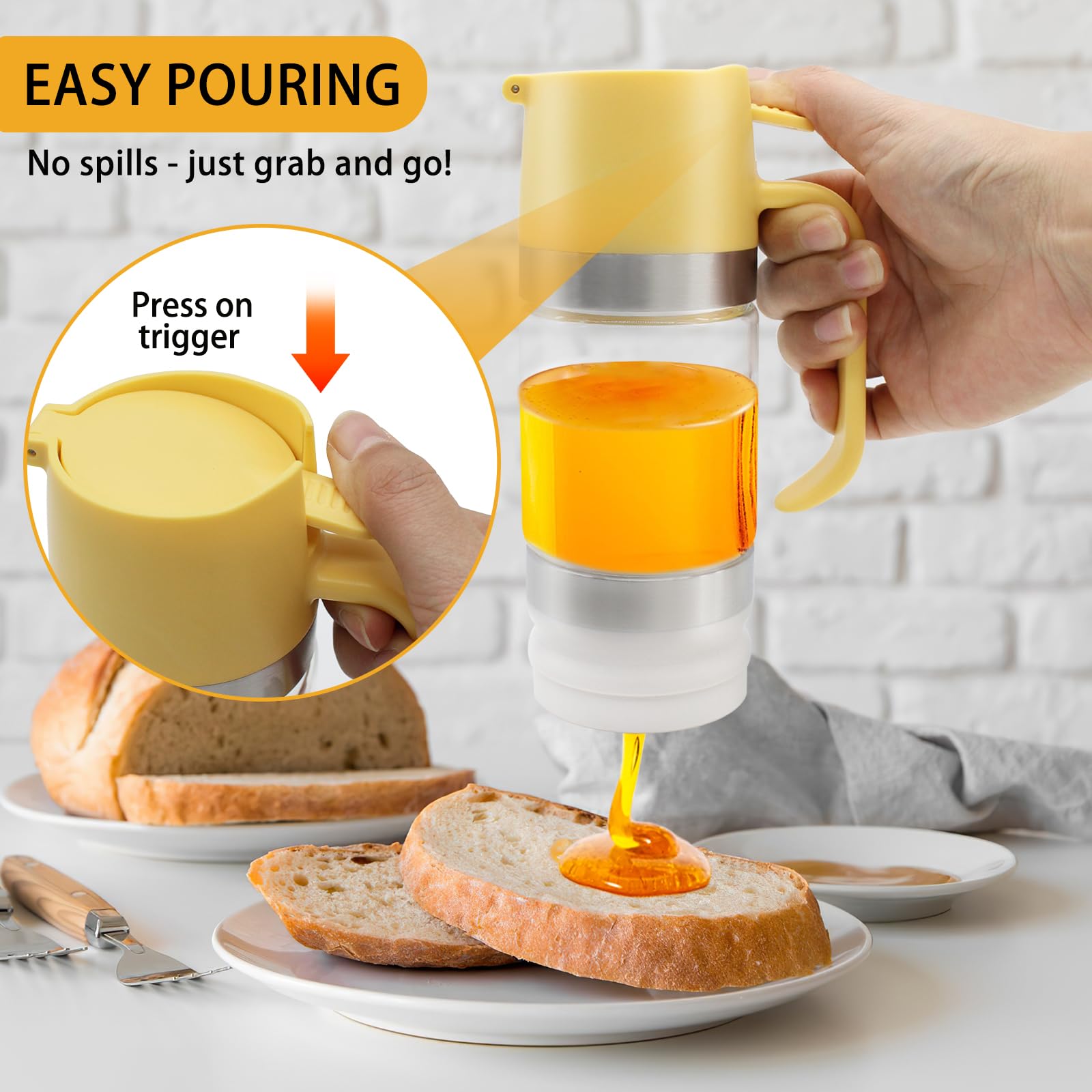 Pot En Verre Distributeur De Miel En Verre 300ml PinDaito - Anti-goutte, Poignée, Pour Sirop Et Sauces Verseur Liquide Valve Silicone