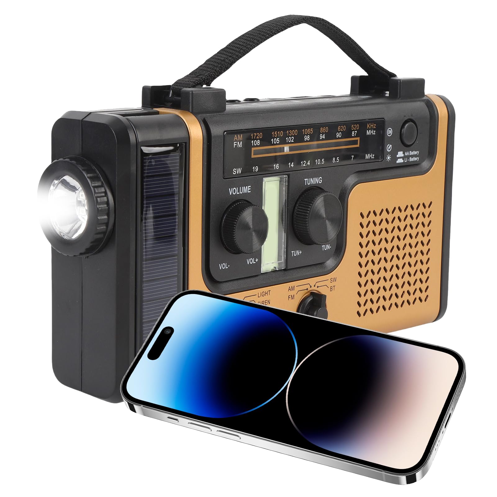 AM FM Solar Radio Radio, Bluetooth 5.0 Ręcznie Przenośne Radio z latarką, Alarm SOS, ładowarka do Telefonu Komórkowego, Małe Radia Pogodowe na Kemping, Awaryjne