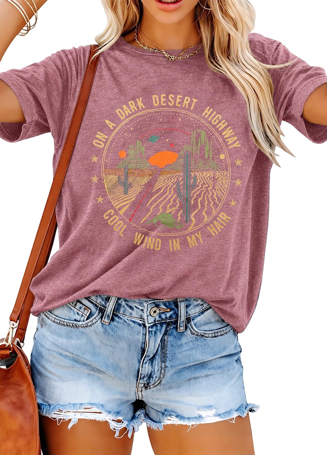 TAOHONG Adventure Shirts Women Retro Desert Highway T-Shirt Funny Western Graphic Tee Casual Short Sleeve Tee Tops