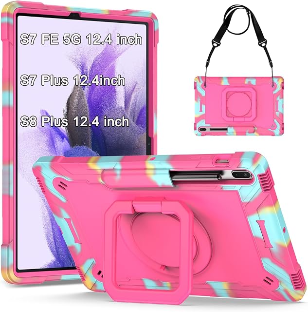 KATUMO Case for Samsung Galaxy Tab S7 FE /S8 Plus/S7 Plus 12.4 inch Shockproof Protective Cover (360°Rotatable Stand & Detachable Adjustable Shoulder Strap & Pencil Holder S8+2022/S7 FE 2021/S7+2020