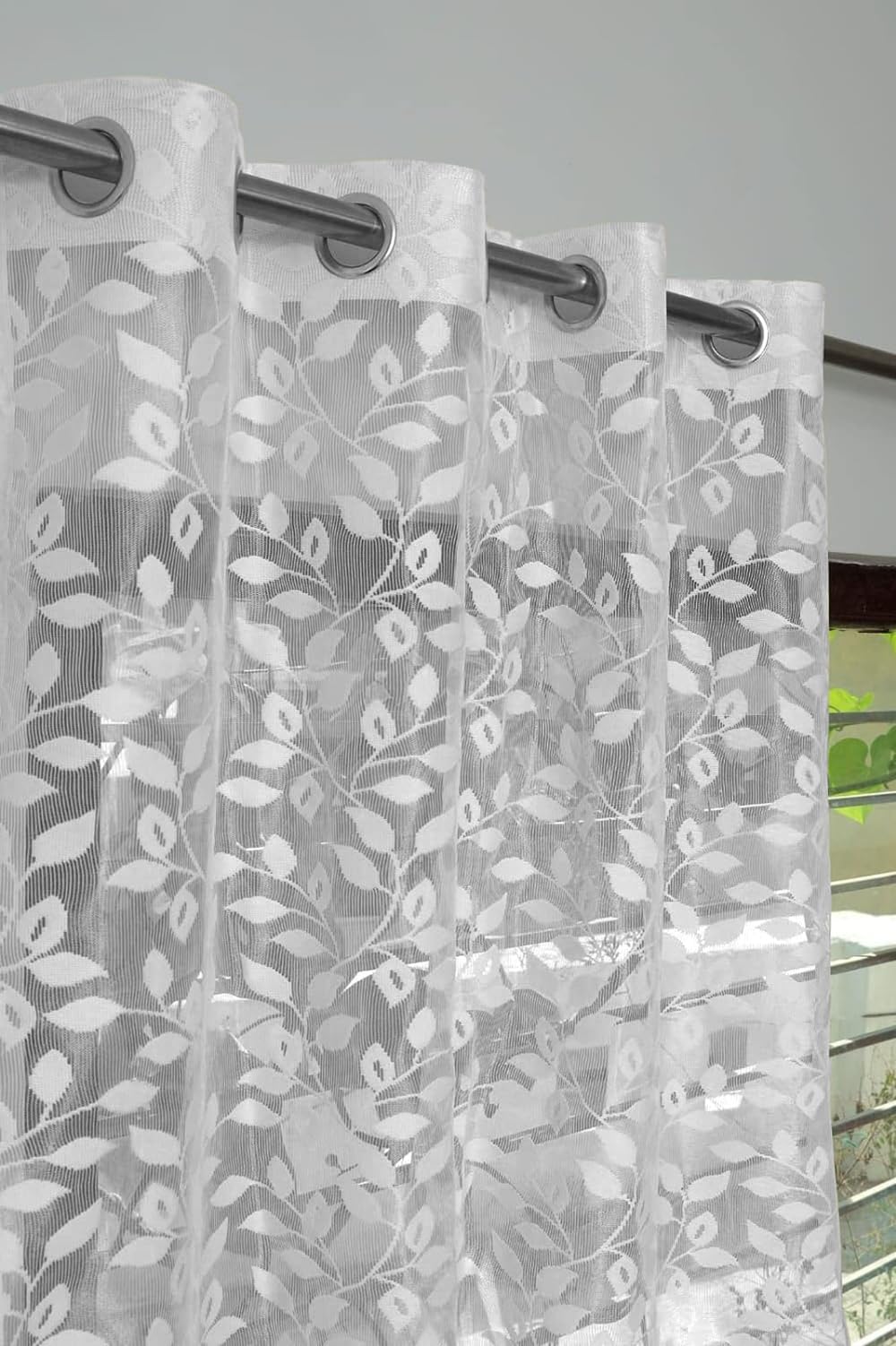 Fabrilia Leaf Net Semi Transparent Door Semi Sheer Grommet Curtains 9 Feet Long Set of 2, White