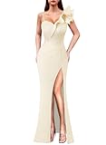Womens Ruffle One Shoulder Strap Ruched Formal Prom Wedding Maxi Dress V Neck Elegant Split Cocktail Evening Long Gown