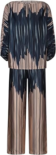 Conjunto de 2 piezas de teñido anudado a rayas para mujer, blusa de manga larga, hombros descubiertos, cremallera, pantalones de pierna ancha,