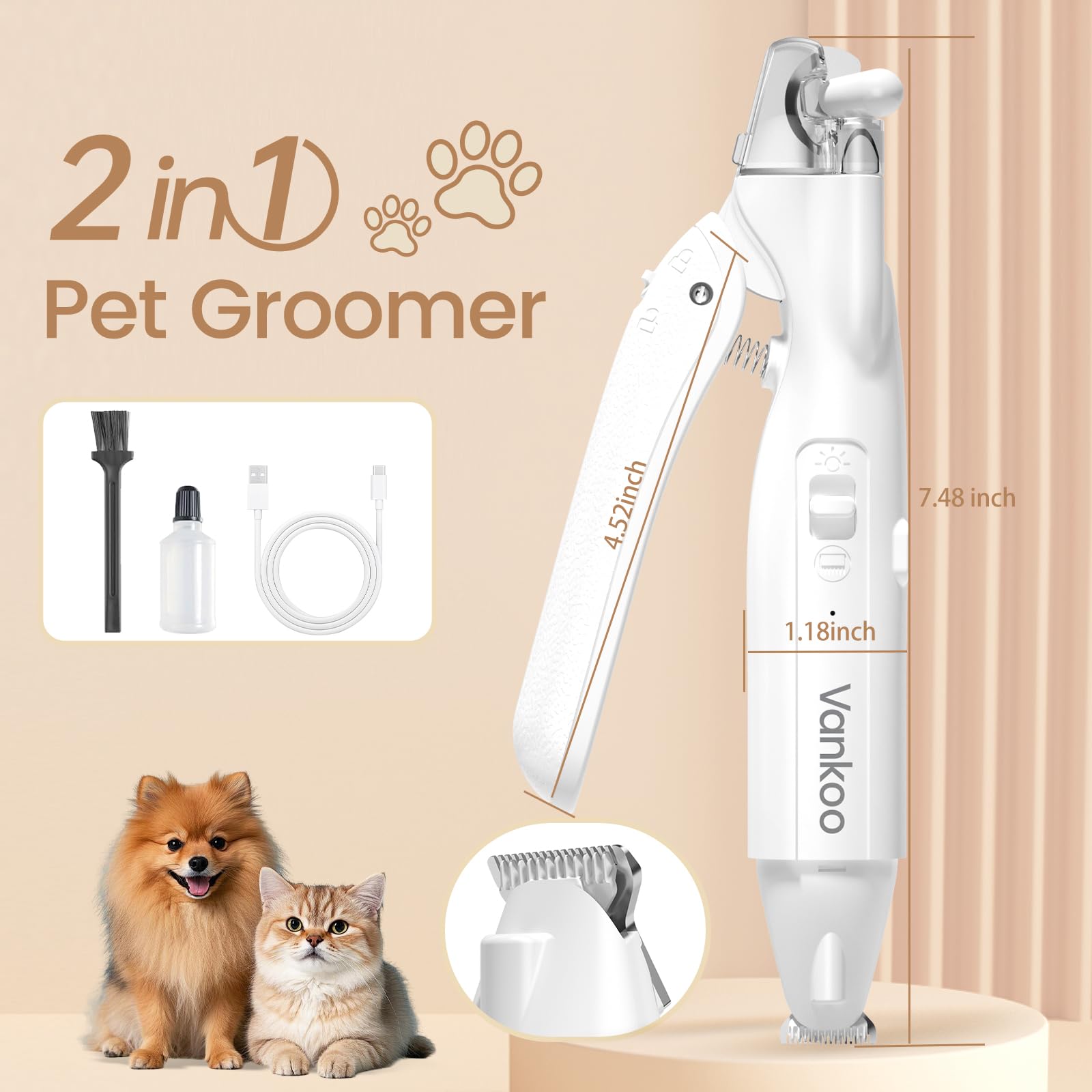 2 in 1 Dog & Cat Nail Clippers & Trimmers with LED Lights, Splash Guard - Pet Hair Trimmer for Around Paws, Ear, Eye,Face, Rump Rechargeable & IPX7 Waterproof Grooming Supplies for Dog, Cat - image 8