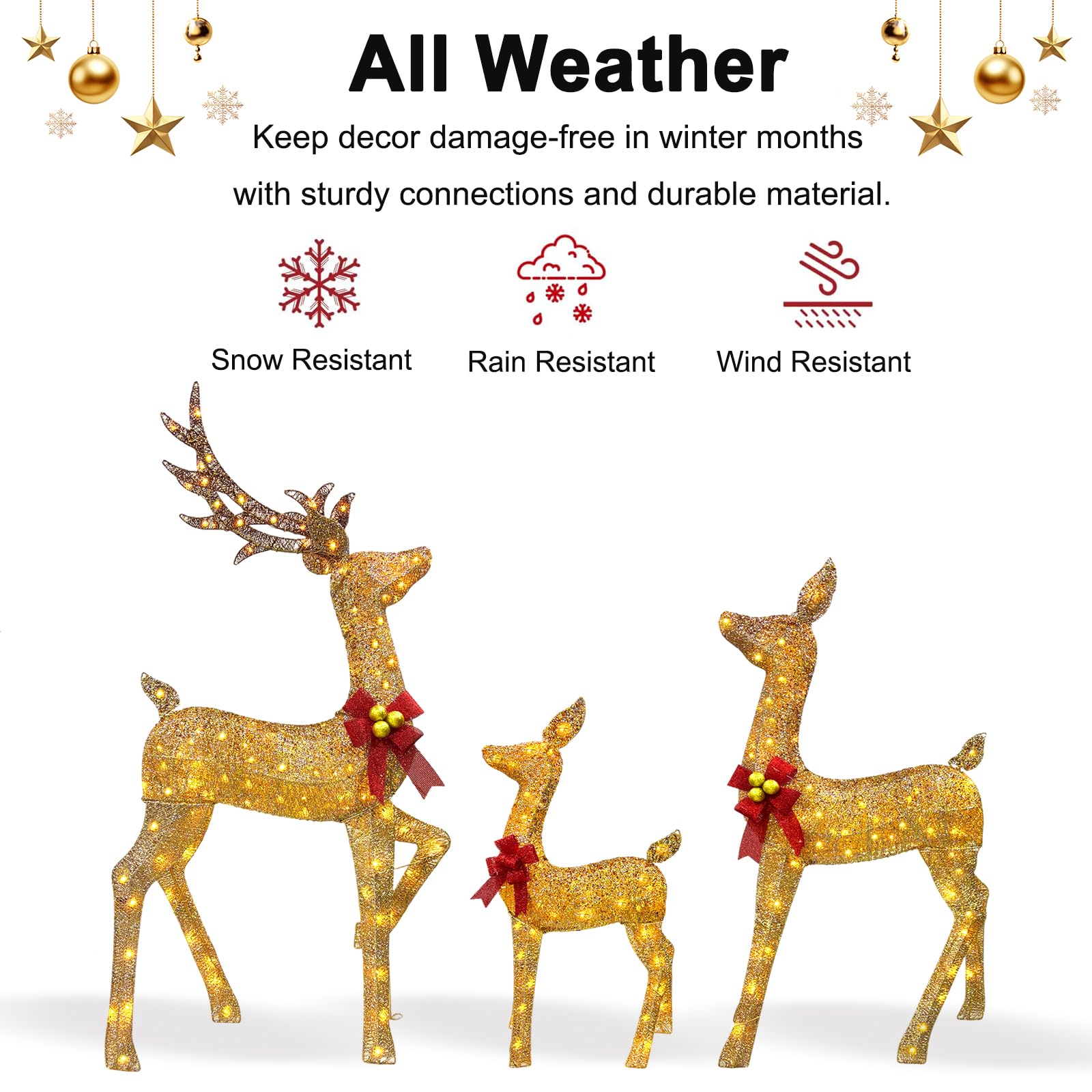 Lot de 3 grandes familles de cerfs de Noël lumineux 3D avec 220 lumières LED, prise - Doré