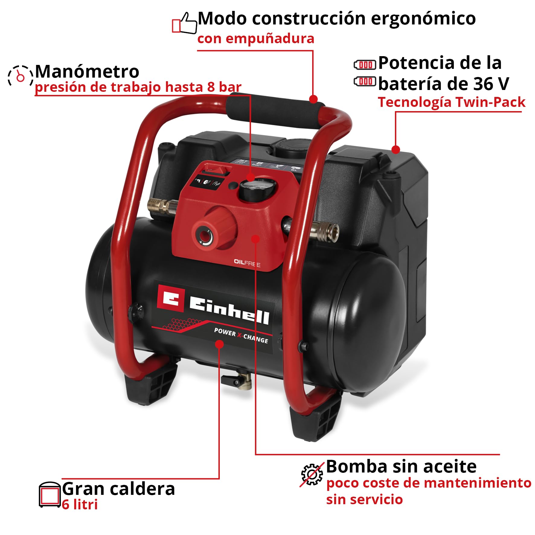 Einhell Compresor con batería TE-AC 36/150 Li OF-Solo Power X-Change (36 V, máx. 8 bar, depósito de 6 l, potencia de aspiración 150 l/min, manómetro, sin aceite, sin batería) | Bomba eléctrica inalámbrica para talleres con tanque de 6L, sin batería TE-AC