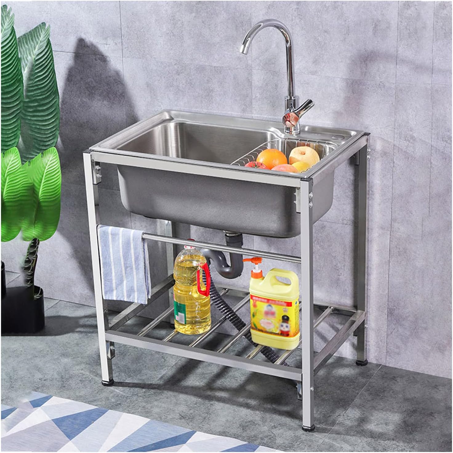 Free Standing Utility Sink Stainless Steel Commercial Kitchen Sink with Faucet and Storage Shelves, 1 Compartment Laundry Tub for Garage, Restaurant, Laundry Room, Indoor Outdoor