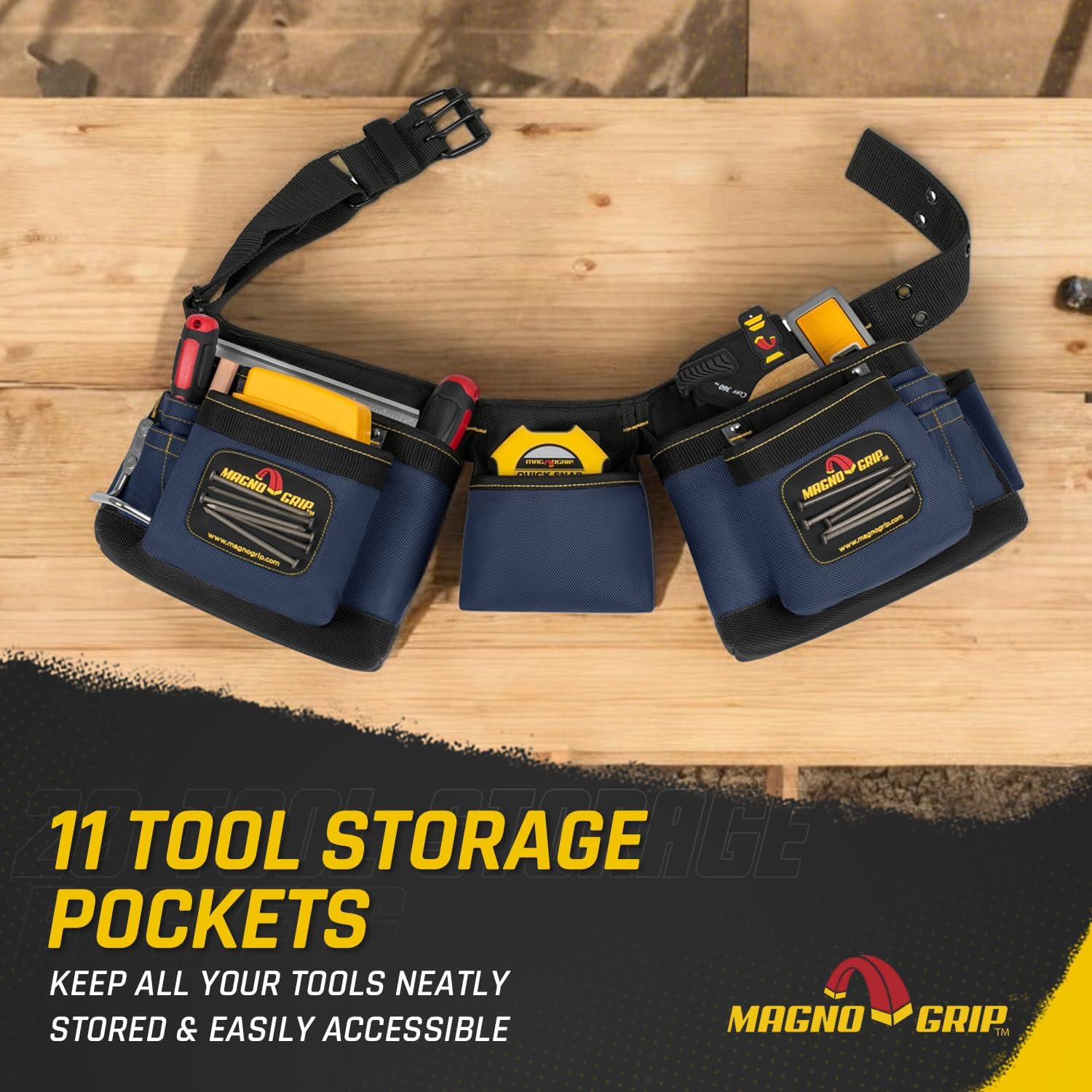 MagnoGrip 11-Pocket Magnetic Carpenter Tool Belt - Durable 1680D Ballistic Polyester with Reinforced Rivets, Adjustable Work Apron with Magnetic Pockets for Tools, Fasteners & Accessories - Blue