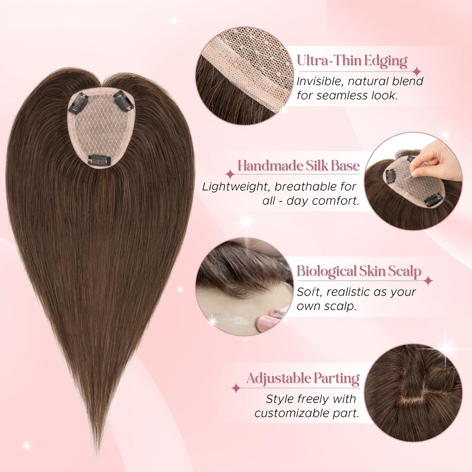 Real Human Hair Toppers for Women 3.54"*4.72" Silky Base 150% Density No Bangs Adjustable Parting Clip-In Topper Hairpieces for Women with Thinning Hair 10 Inches Dark Brown