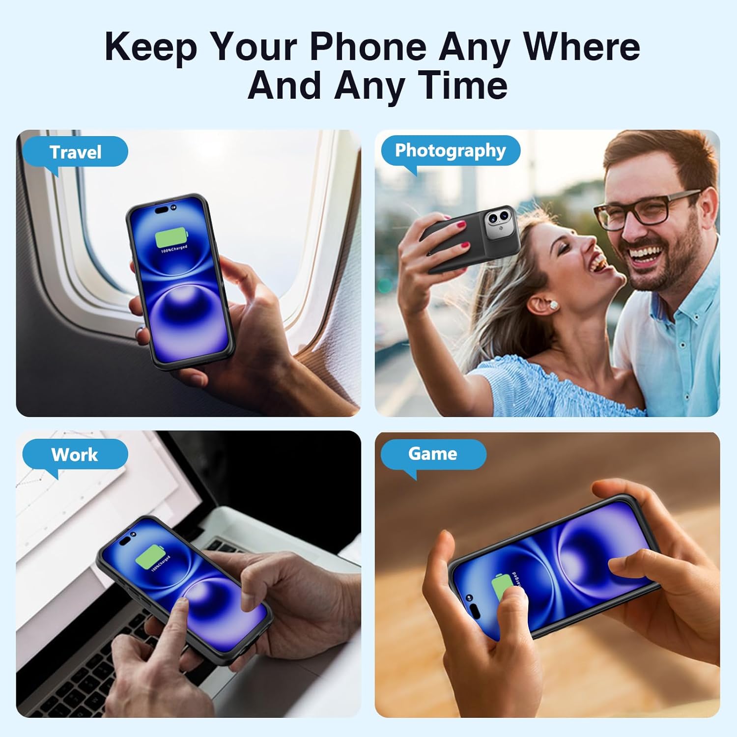 BOPPS for iPhone 17 Battery Case with Screen Protector & Cable，【Fit Carplay】 Slim 8500mAh Portable Strong Protective Extended Charger Cover for iPhone 17 Charging Case，Black