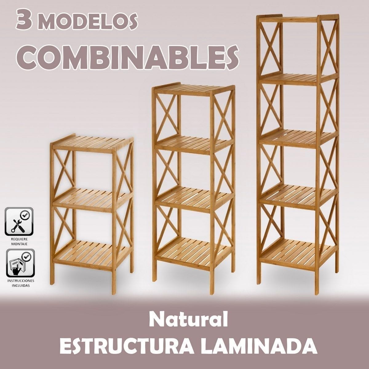 Estantería de pie de bambú natural con 5 baldas alistonadas de 37x33x153 cm | Estante de baño para almacenaje con laterales en cruz decorativos. Resiste 5kg por balda.