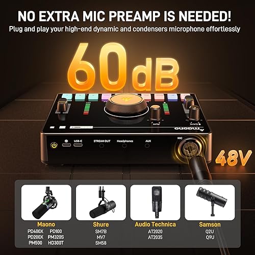 Miniatura 2 de MAONO Mezclador de audio para transmisión, interfaz de audio con preamplificador profesional, Bluetooth, batería incorporada, cancelación de ruido,