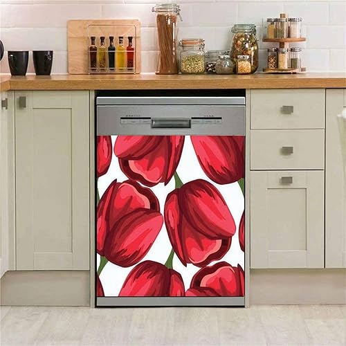 Miniatura 5 de Adhesivo para lavavajillas, diseño de tulipanes rojos coloridos de estilo de dibujos animados para tela, cubierta magnética de metal, decoración del