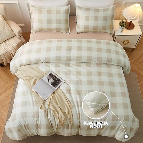 Miniatura 5 de Andency Juego de edredón de cuadrícula beige, tamaño Queen (90 x 90 pulgadas), 3 piezas (1 edredón de rejilla y 2 fundas de almohada), edredón de