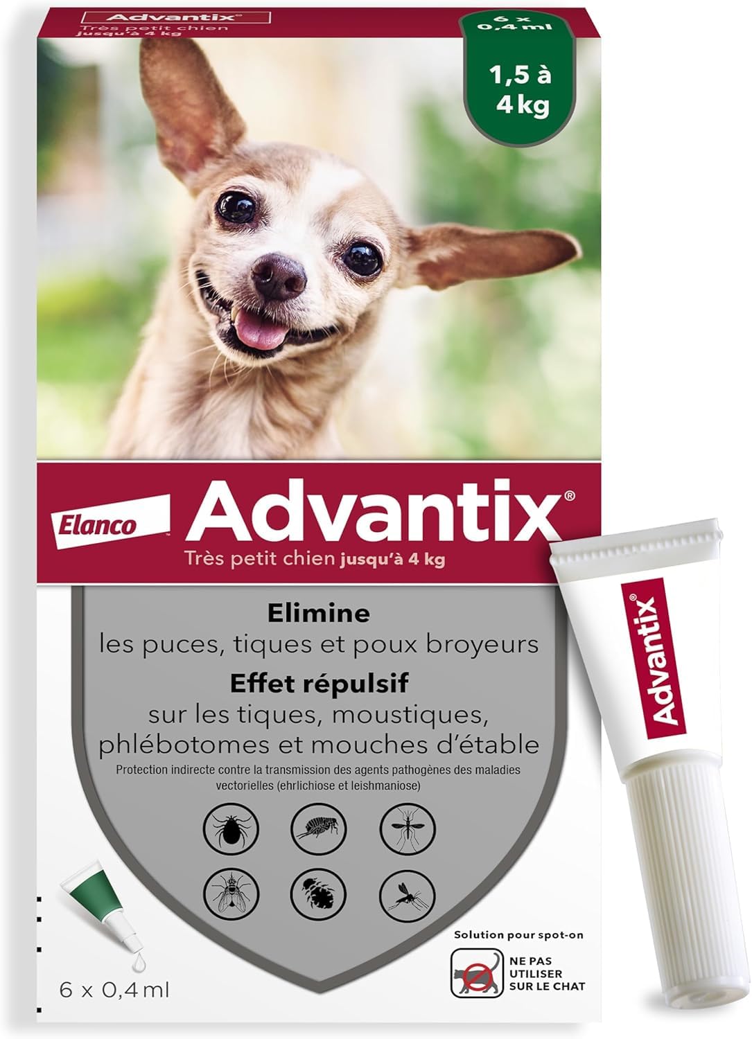 Advantix Très Petit Chien entre 1,5 et 4 kg – Pipettes pour chien contre 6 parasites – Traitement en pipette pour une protection en continu pendant 4 semaines – 6 x 0,4 ml