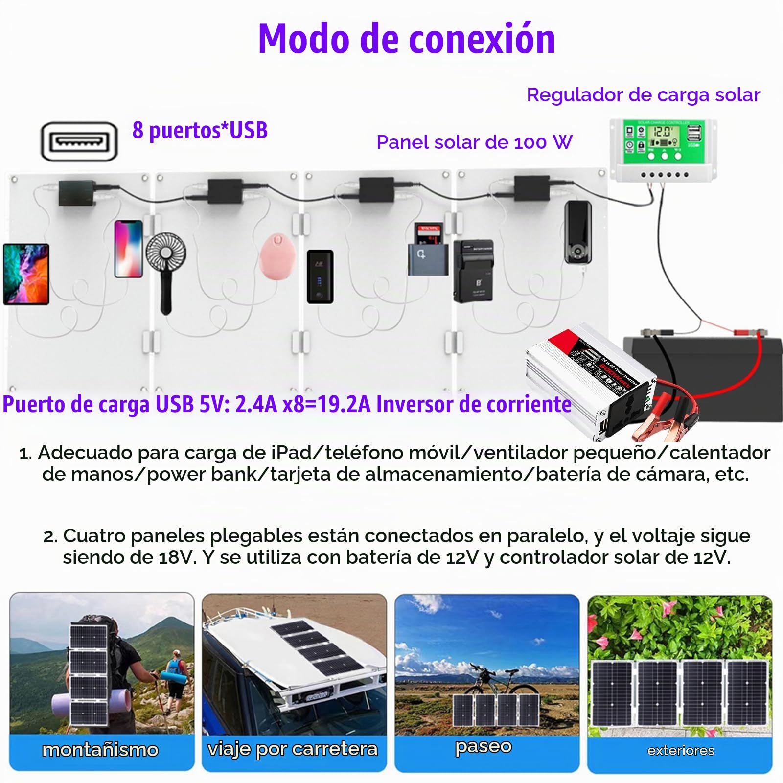 Kit de panel solar, kit completo de panel solar, kit completo de panel solar Camper con inversor de corriente de 600 W, controlador de 50 A, módulo fotovoltaico monocristalino de 18 V for RV, furgonet