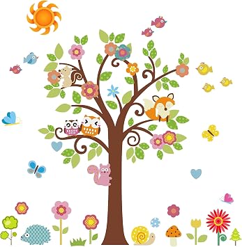 3D Removable Colorful Owls on Tree Wall Sticker Animals Flying Birds Fox with Flower Wall Decals DIY Vinyl Home Wall Art Decor for Kids Babys Girls Child Bedroom Playroom Nursery Decoration
