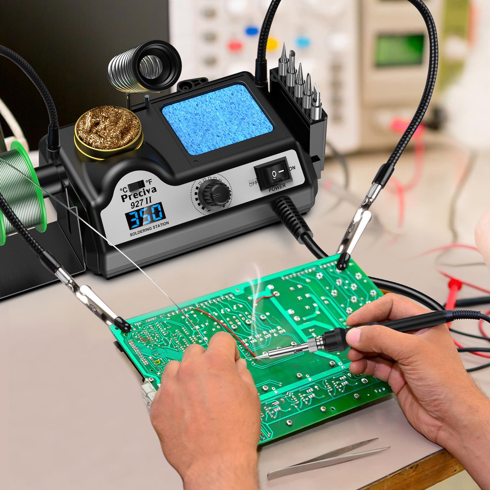 Fer a Souder, Preciva 927II Station de Soudage avec Deux Clips Auxiliaires, 130W LCD 90-480℃ Ajustable Fers à Souders Etain avec 5 Têtes, ℉/℃ Boutons, Fonction Sommeil et Contrôle du Thermostat