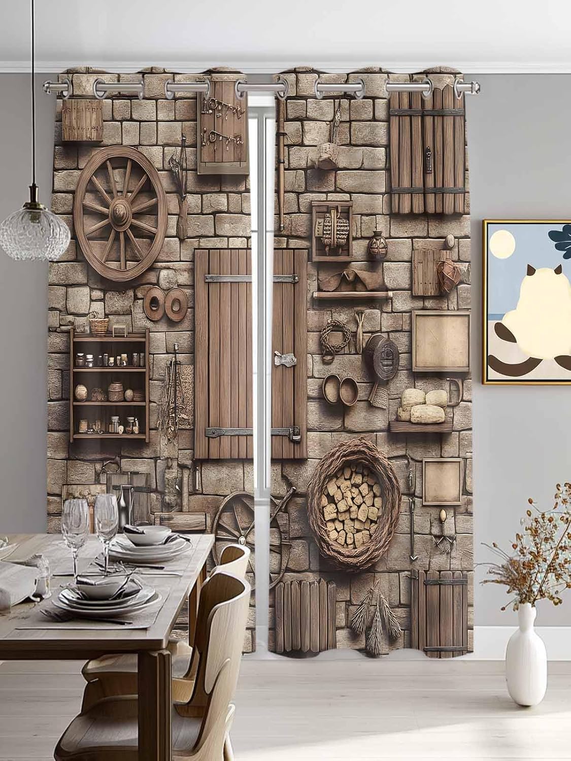 Medieval Window Curtains Panels with Silver Grommet,Rustic Weathered Grunge Cottage Scene Wooden Kitchen Cafe Curtain Draperies Window Treatment Set for Living Room/Bedroom/Bathroom/Cafe,84x84