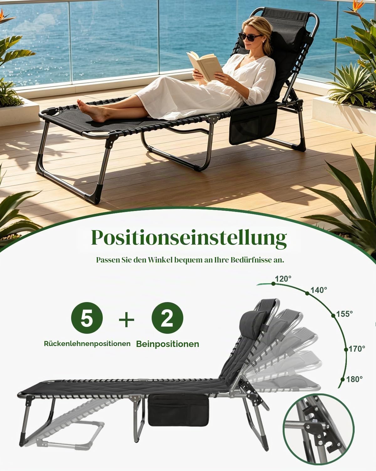 Sonnenliege Klappbar, Gartenliege mit 5-Fach Verstellbarer Rückenlehne, Strandliege Faltbar Bis 150kg, Liegestuhl mit Kopfkissen & Seitentasche, Campingliege, für Garten, Strand, Outdoor (Schwarz)
