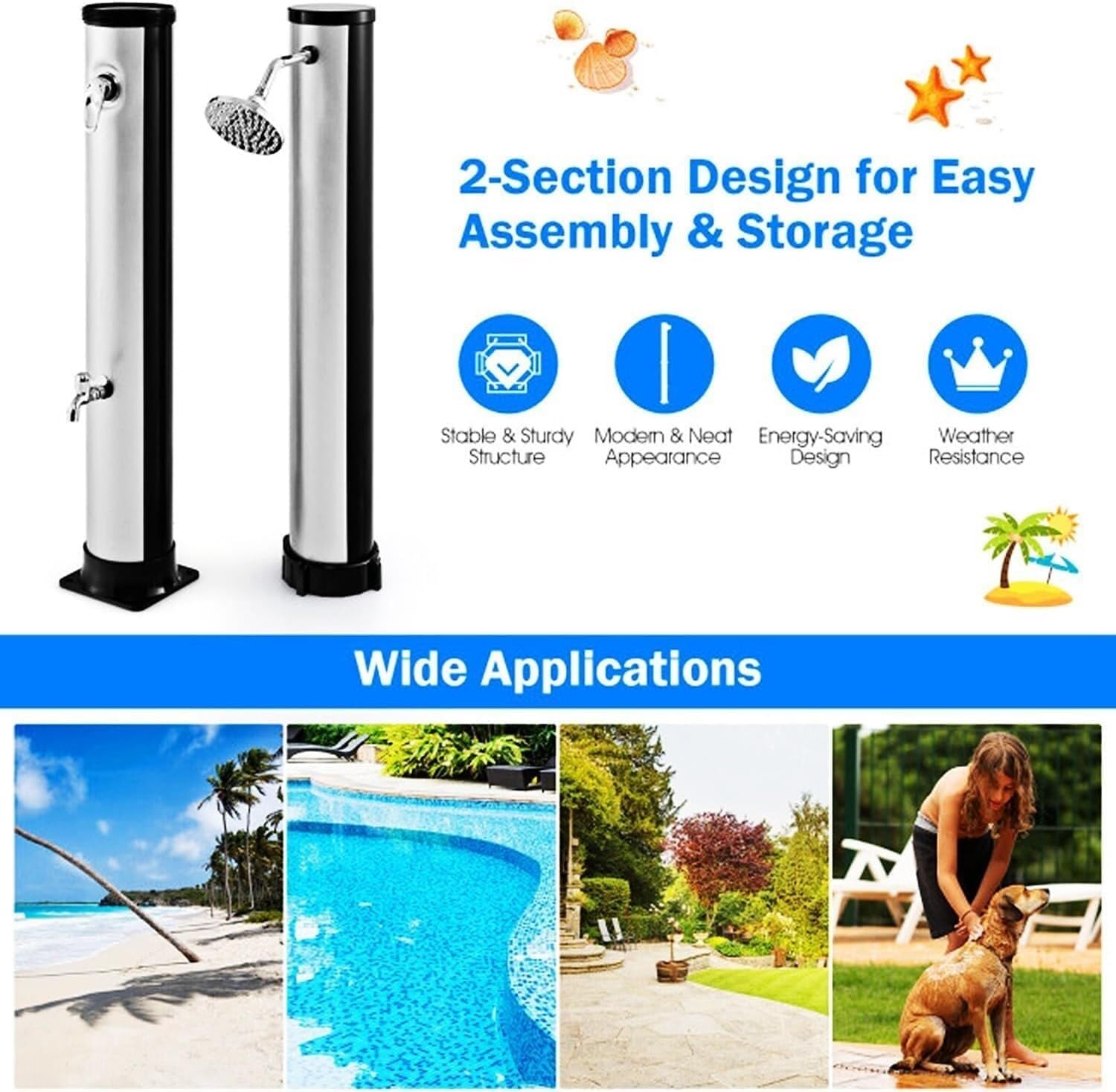 Outdoor Solar Heated Shower, 7.1Ft / 10 Gallon Poolside Shower with Sprinkler Head & Foot Faucet, Hot Cold Adjustment