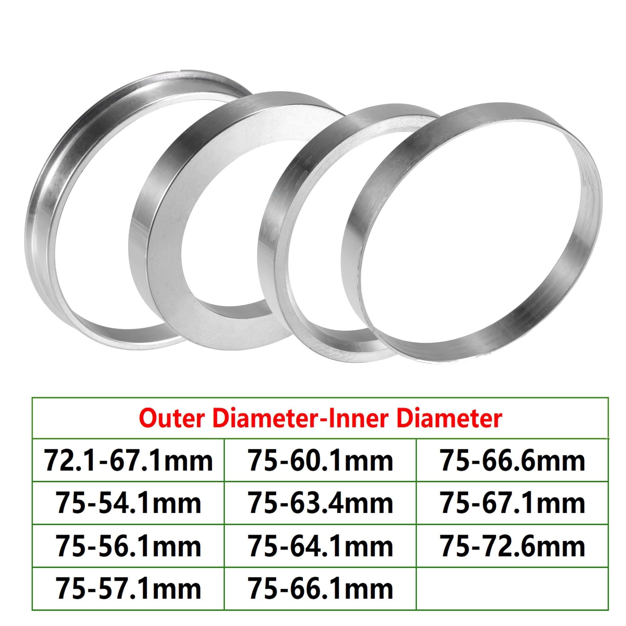 Joint De Moyeux 4 pièces OD 75mm 72.1mm à ID 54.1mm 56.1mm 60.1mm 64.1mm 67.1mm Anneaux centraux de moyeu de Voiture entretoise Centrale d'alésage de Roue Bague De Centrage Jante(75-66.6mm)