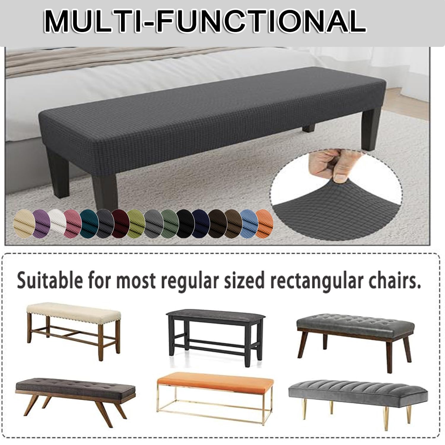 Rechteckige Stretch-Bankbezüge, Anti-Staub, abnehmbarer Langstuhl-Schonbezug, waschbarer Sitzschutz für Wohnzimmer, Schlafzimmer und Küche (L: 160 cm - 180 cm, Grau)