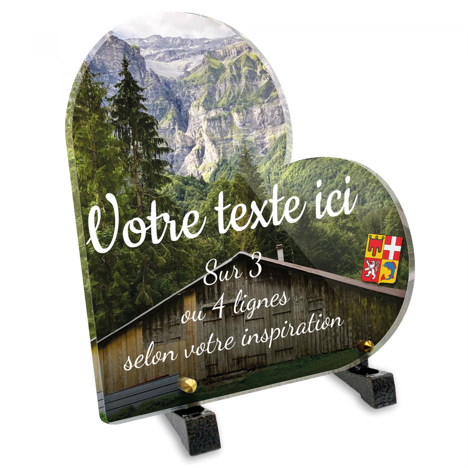 Targa funeraria cuore personalizzabile in plexi regionale Auvergne Falaises, diverse dimensioni, spessore 6 mm, personalizzata su più linee, 20 x 20 cm