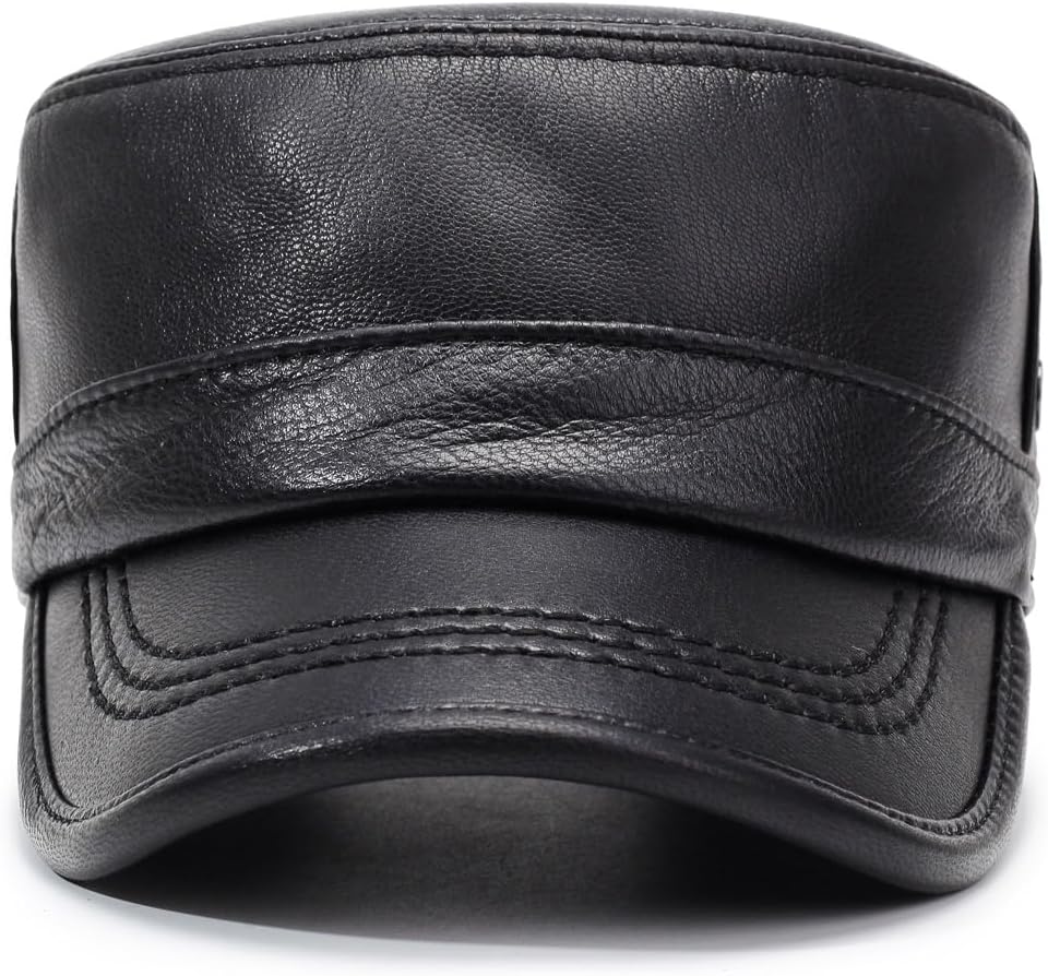 Men's Genuine Leather Cadet Army Caps Military Style Hat Flat Top Cap - Image 2