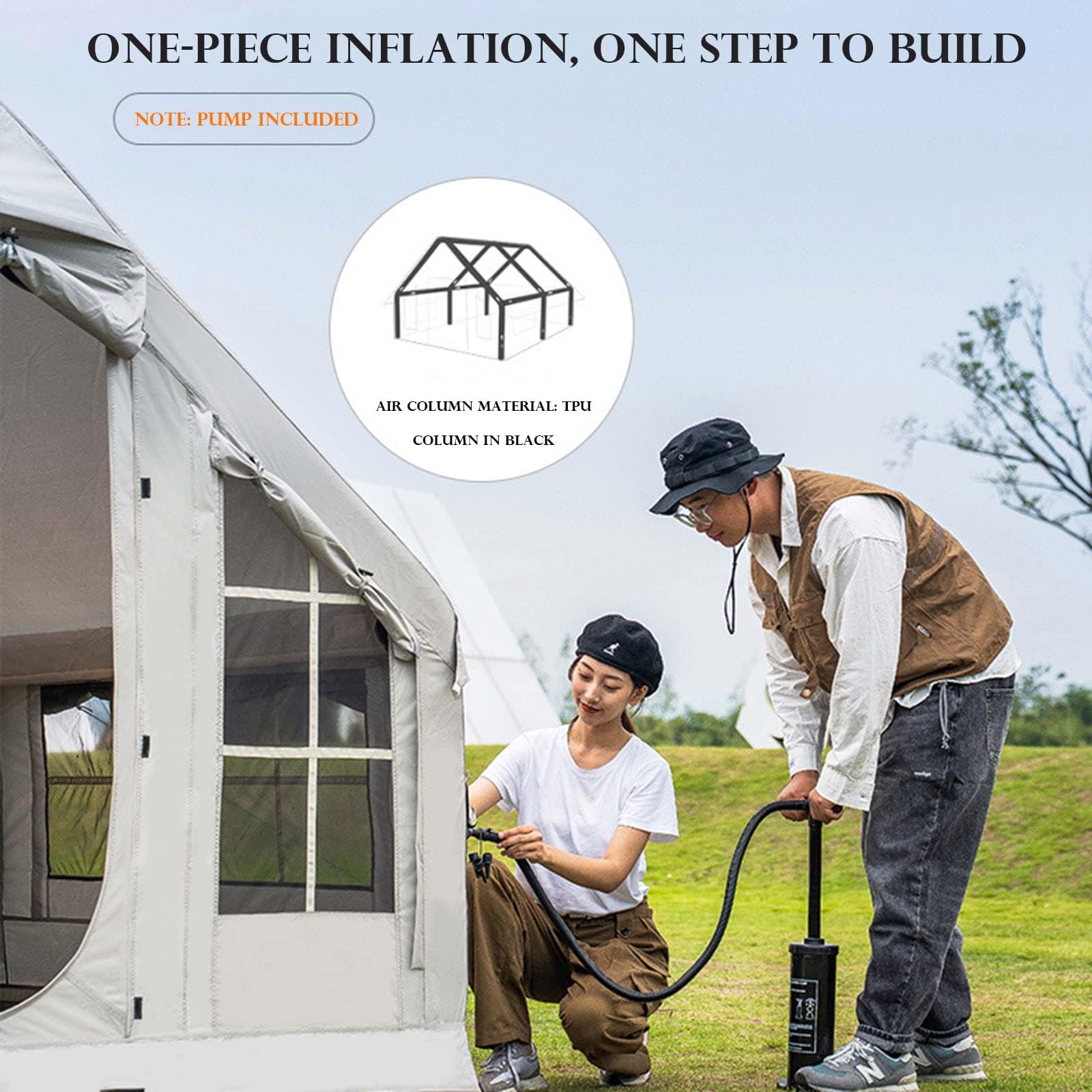 Tenda da campeggio gonfiabile, tenda da campeggio automatica, spazio 10㎡, impermeabile PU2000 mm, colonna d'aria integrata, uscita camino, per 4 stagioni per uso familiare