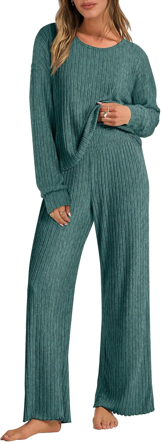 ANRABESS Women 2 Piece Lounge Pajamas Sets Casual Ribbed Knit Long Sleeve Top Pants Matching Set 2025 Fall Outfits Clothes