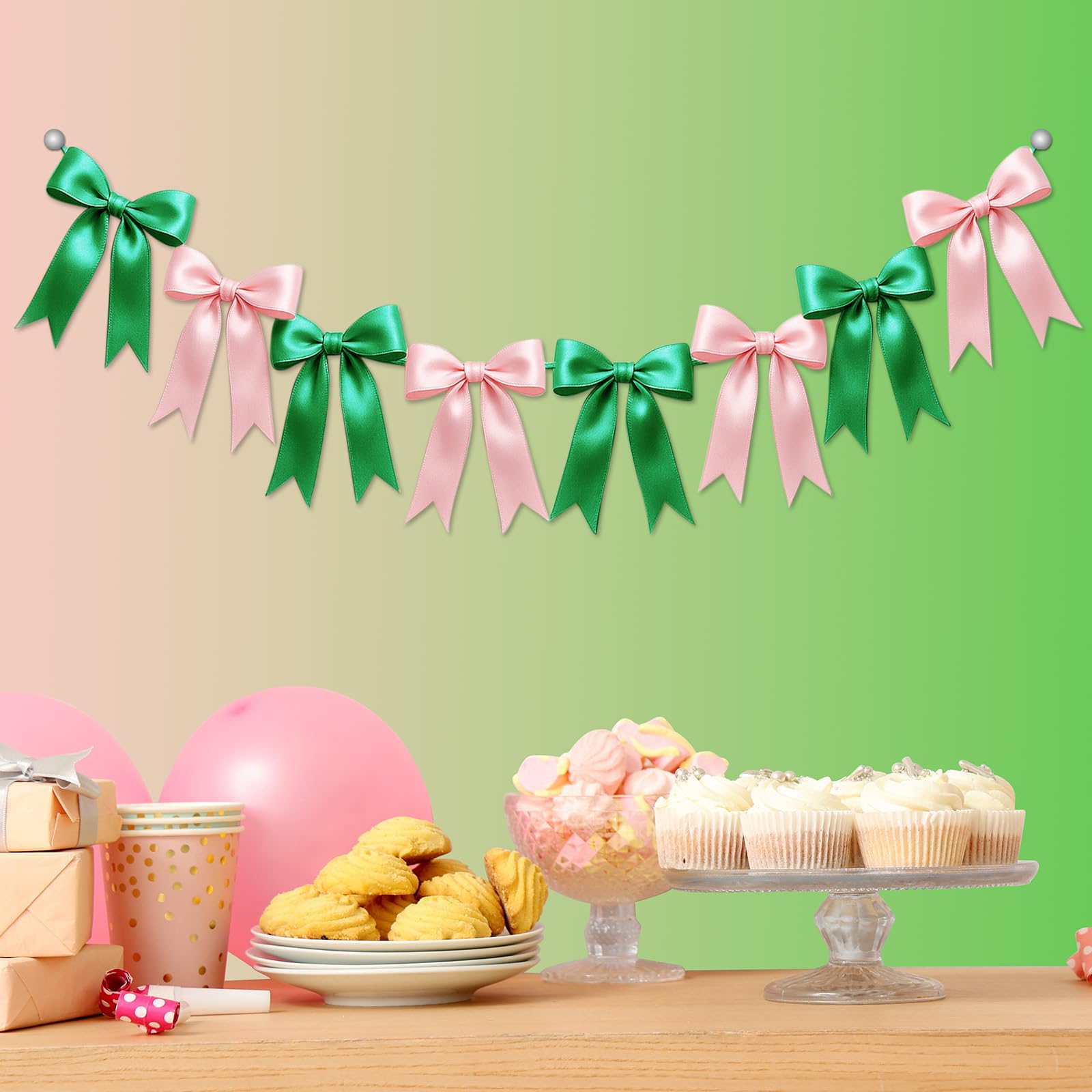 1 String of 8PCS Pink&amp;Green Bow Garland Banner Wicked Party Decoration,Pre-Strung Satin Ribbon Ornaments for Birthday,Bachelorette Party,Wedding,Engagement,Baby Shower,Graduation Decor,Anniversary