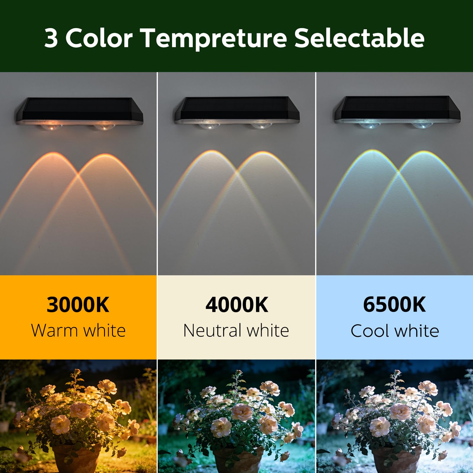 Luces solares para escalones al aire libre, luces de escalera al aire libre, 3000 K/4000 K/6500 K, 3 modos, luz solar para exteriores, jardín, patio, terraza, paquete de 4