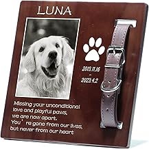 Bemaystar Personalised Dog Memorial Gifts Custom Pet Memorial Photo Frame with Collar Holder, Pet Bereavement Gifts for Loss of Beloved Dog or Cat (Solid Wood, 7.8 * 7.8 Inch)