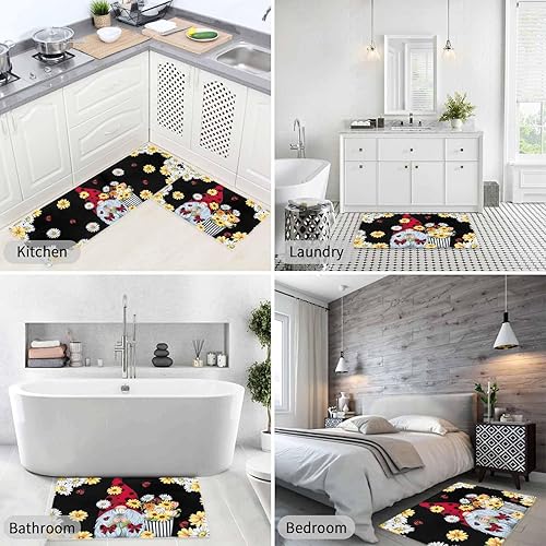 Miniatura 7 de SEVENBABU Juego de 2 tapetes de cocina antideslizantes, diseño rústico, gnomo, margaritas y mariquitas, juego de alfombras absorbentes negras para