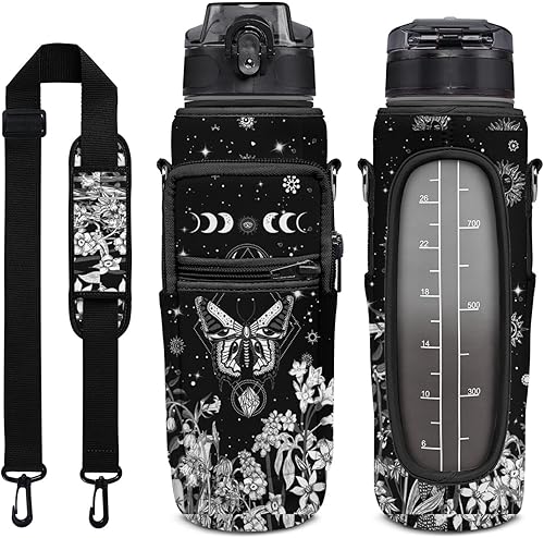 Goth Moon Botella de agua de medio galón con funda, botella de agua sin BPA de 32 onzas, con marcador de tiempo, jarra de agua a prueba de fugas,