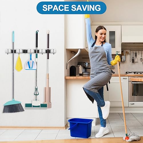 Miniatura 7 de IMILLET Soporte de escoba montado en la pared, soporte de escoba de acero inoxidable, autoadhesivo, ganchos resistentes, organizador de