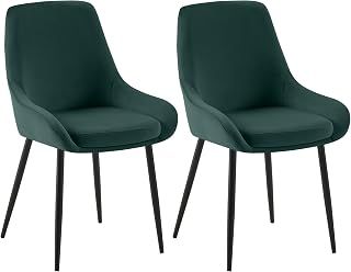 CLP Sillas de Comedor Juego de 2 Elmira, Acolchadas con reposabrazos, Estructura de Metal Resistente, tapizado de Terciopelo fácil de Limpiar, Color:Verde Claro, Material del Soporte:Negro Mate Metal