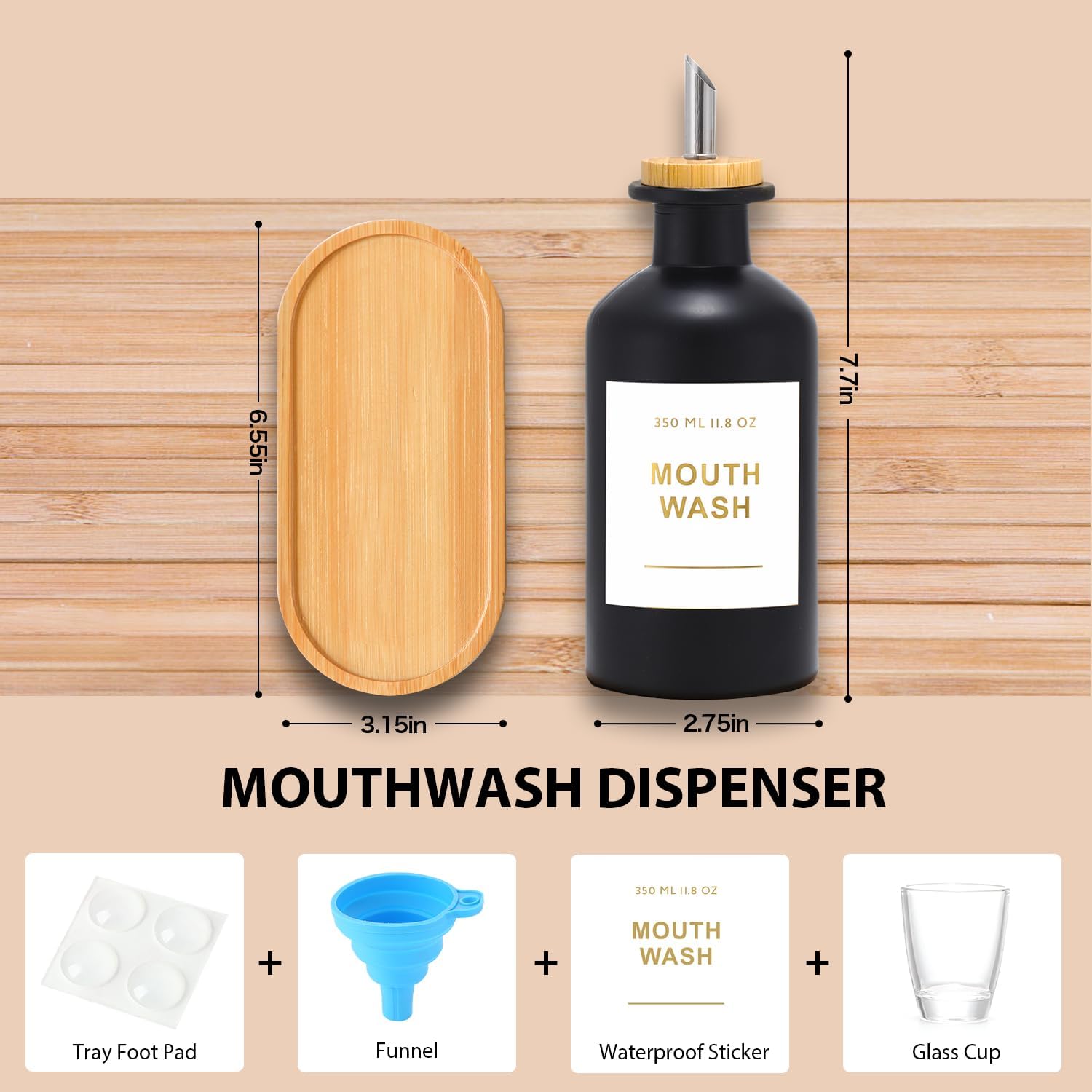 11.8OZ Mouthwash Dispenser for Bathroom with Bamboo & Stainless Steel Pour Spout, Mouthwash Cups Reusable, Bamboo Tray, and Elegant Gold Label. Set of 2(Black/White - Image 4