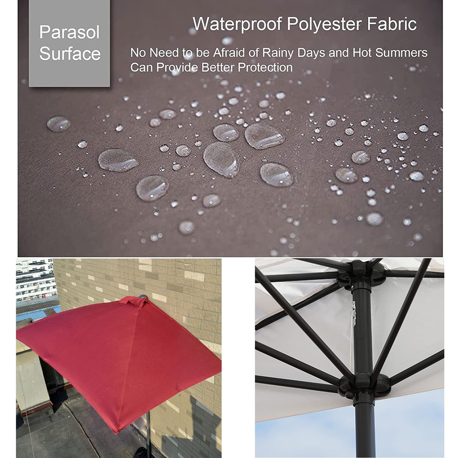 Parasol Mural Demi-Cercle 250cm - Pour Balcon & Terrasse - Toile Polyester Anti-UV - Manivelle - Sans Base Inclus