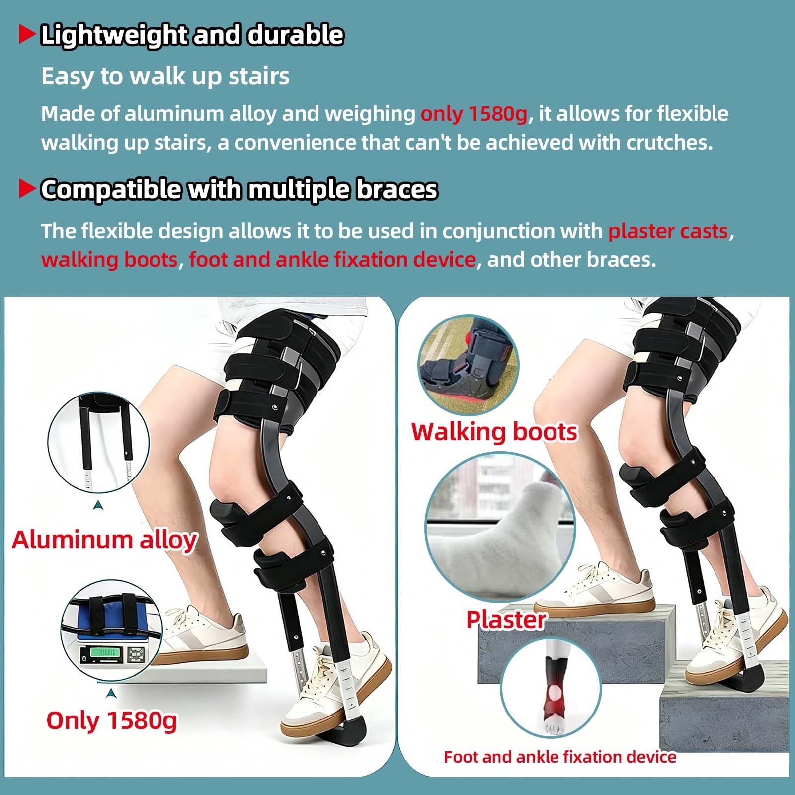 Stampella per ginocchia, design ergonomico a mani libere per il recupero della chirurgia del piede, supporto regolabile, in alluminio leggero, peso massimo 100 kg